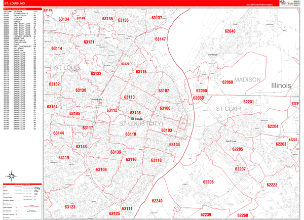 St. Louis City Digital Map Red Line Style